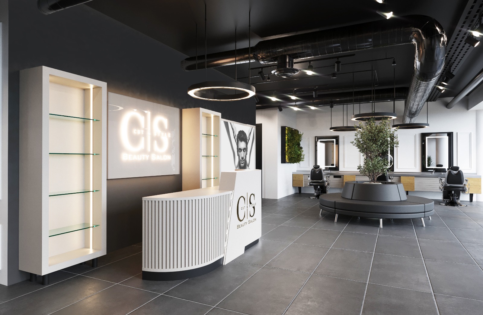 Moderner Schönheitssalon mit elegantem Empfang, stilvollem Interieur und grünem Baum