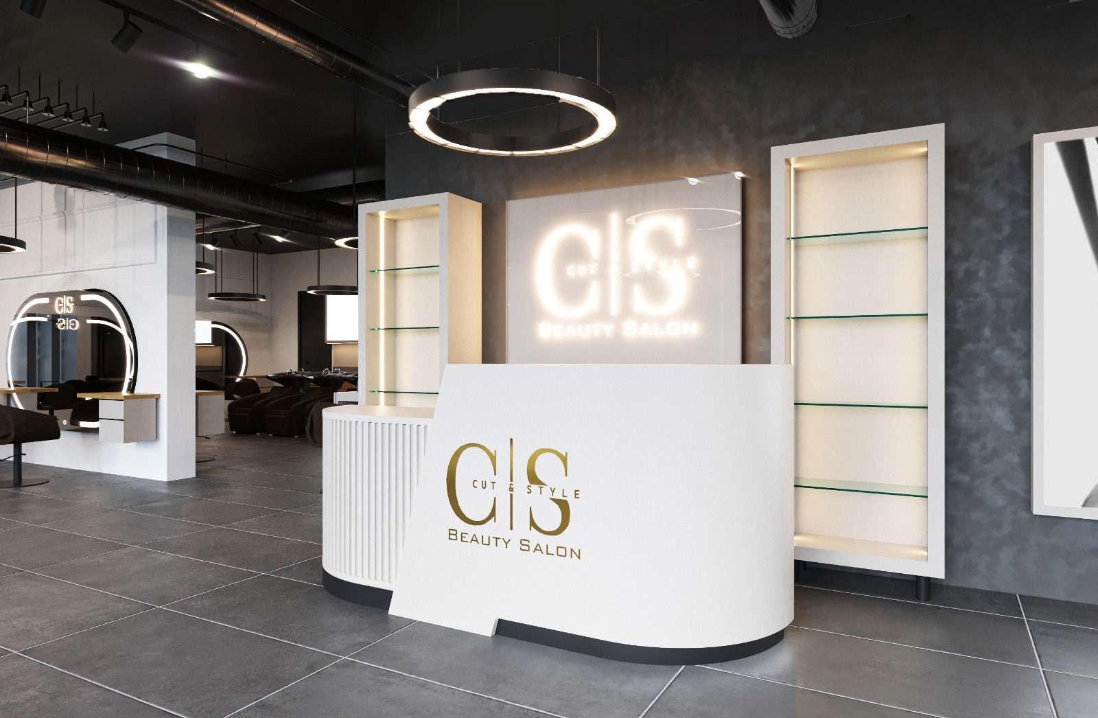 Moderner heller Empfangsbereich eines Schönheitssalons mit Rundtheke und Regalen