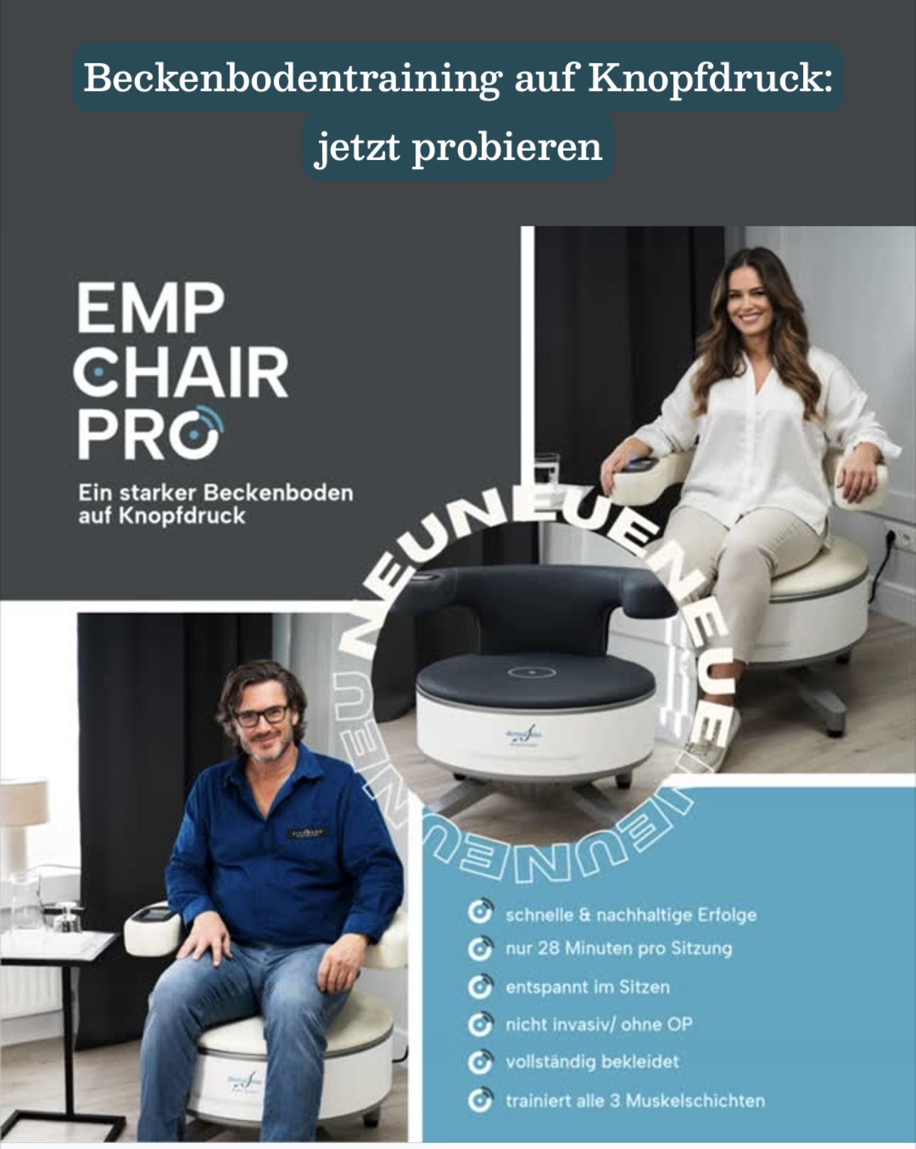 Eine lächelnde Frau und ein lächelnder Mann sitzen locker auf modernen weißen Sesseln